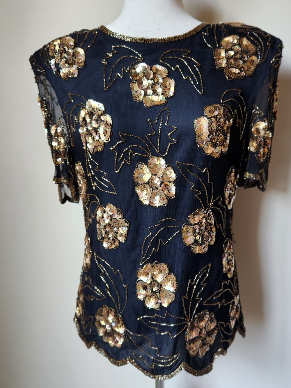 Stenay Vintage 80s Silk Beaded Sequin Top Black Gold Floral Blouse Size 14